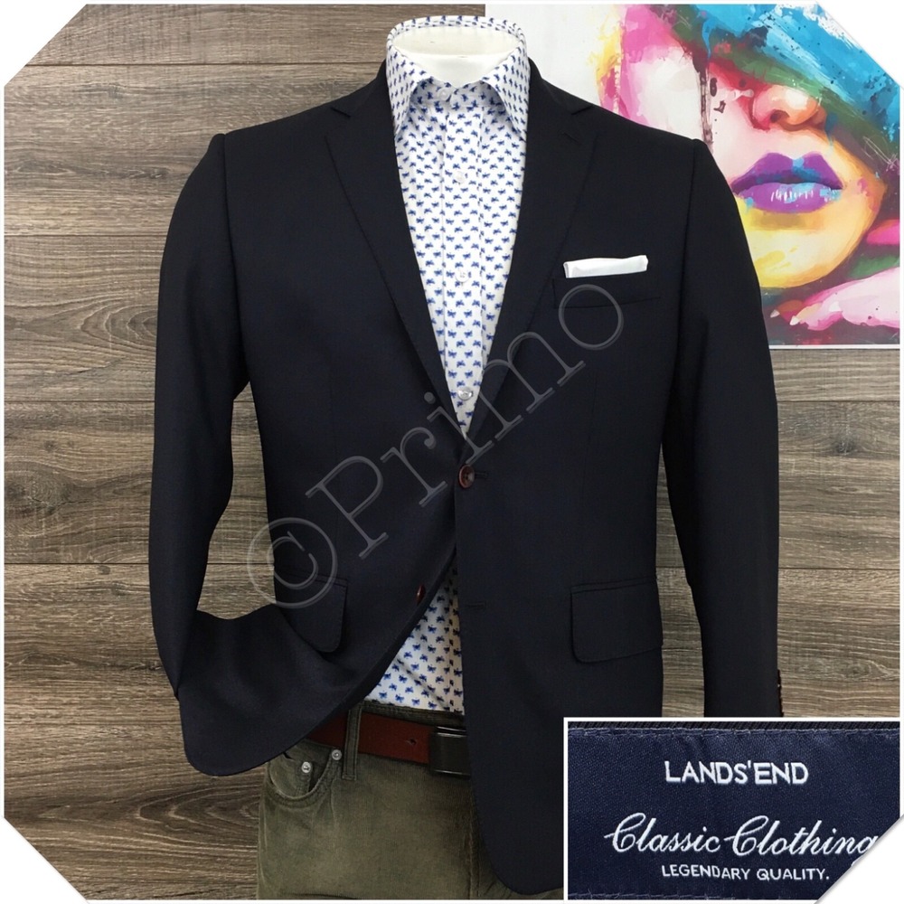 LAND'S END Mens Navy Blazer Sport Coat Casual Jacket Size 42S Classic Wool Suit